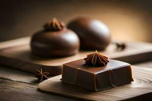 Schokolade auf ein hölzern Tafel mit Star Anis. KI-generiert foto