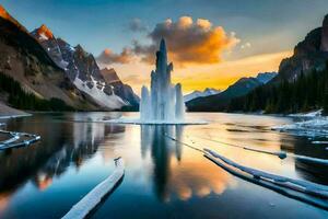 ein Wasserfall im das Mitte von ein See beim Sonnenuntergang. KI-generiert foto