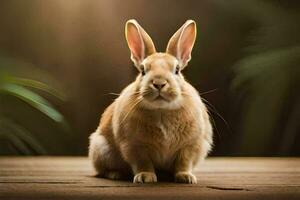 ein Hase Sitzung auf ein hölzern Tisch. KI-generiert foto