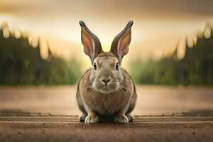 ein Hase Sitzung auf das Boden im Vorderseite von ein Wald. KI-generiert foto