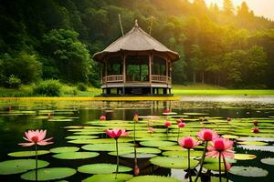 Pavillon im das See mit Lotus Blumen. KI-generiert foto