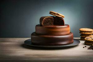 ein Schokolade Kuchen mit Kekse auf ein hölzern Tisch. KI-generiert foto