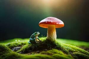 ein klein Frosch sitzt auf ein moosig Hang unter ein rot Pilz. KI-generiert foto
