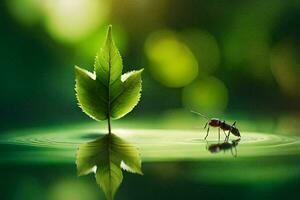 ein klein Ameise ist Stehen auf ein Blatt im das Wasser. KI-generiert foto