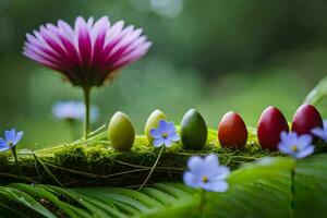 bunt Eier sind vereinbart worden im ein Reihe mit Blau Blumen. KI-generiert foto