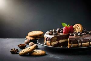 Schokolade Kuchen mit Beeren und Kekse auf ein dunkel Hintergrund. KI-generiert foto