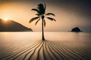 ein Palme Baum steht allein auf das Strand beim Sonnenuntergang. KI-generiert foto