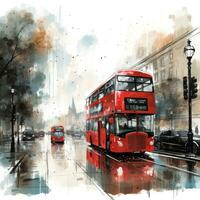 London Straße mit rot Bus im regnerisch Tag skizzieren Illustration foto