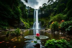 Wasserfall, Blume, Dschungel, Indonesien, Bali, Indonesien, bal. KI-generiert foto