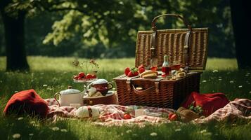 Picknick im das Park auf ein sonnig Sommer- Tag ai generiert foto