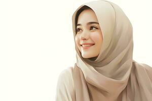Porträt von schön jung Muslim Frau tragen Kopftuch, isoliert auf Weiß Hintergrund ai generiert foto