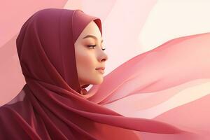 Porträt von ein schön Muslim Frau mit rot Hijab ai generiert foto