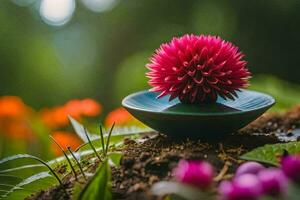 ein Blume im ein Vase auf oben von ein Grün Pflanze. KI-generiert foto