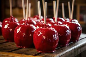 köstlich glasiert rot Toffee Süßigkeiten Äpfel auf Stöcke foto