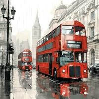 London Straße mit rot Bus im regnerisch Tag skizzieren Illustration foto