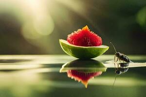 ein Fehler auf ein Wassermelone mit ein Sonne leuchtenden im das Hintergrund. KI-generiert foto