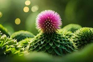 ein Distel Blume ist im das Mitte von ein Grün Pflanze. KI-generiert foto