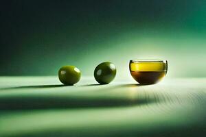Olive Öl und Oliven auf ein Tisch. KI-generiert foto