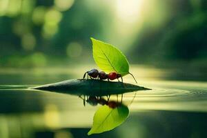 zwei Ameisen Sitzung auf ein Blatt im Wasser. KI-generiert foto