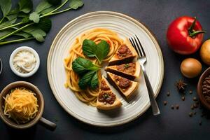 Spaghetti mit Fleischklößchen und Tomaten auf ein Platte. KI-generiert foto