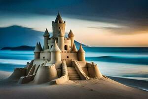 ein Sand Schloss auf das Strand beim Sonnenuntergang. KI-generiert foto