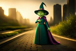 ein Karikatur Hexe im ein lila Kleid und Grün Hut. KI-generiert foto