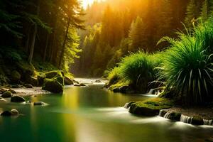 ein Fluss fließend durch ein Wald beim Sonnenuntergang. KI-generiert foto