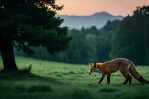 ein Fuchs ist Gehen über ein Feld beim Sonnenuntergang. KI-generiert foto