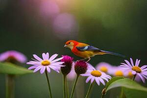 ein bunt Vogel sitzt auf oben von etwas lila Blumen. KI-generiert foto