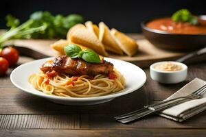 Hähnchen Brust mit Spaghetti und Tomate Soße auf ein hölzern Tisch. KI-generiert foto