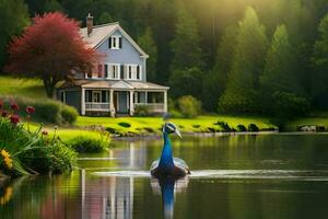 ein Blau Ente ist Schwimmen im das Wasser in der Nähe von ein Haus. KI-generiert foto