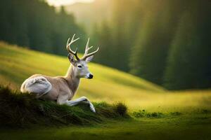 ein Hirsch ist Sitzung auf ein grasig Hügel im das Mitte von ein Wald. KI-generiert foto