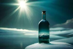 ein Flasche von Wasser Sitzung auf das Schnee. KI-generiert foto