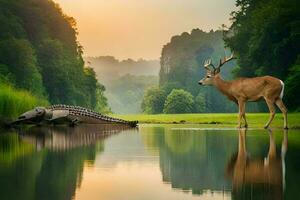 ein Hirsch und ein Alligator im das Wasser. KI-generiert foto