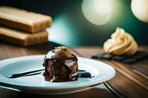 ein Dessert auf ein Teller mit Schokolade Soße. KI-generiert foto