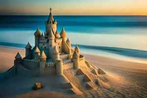 ein Sand Schloss auf das Strand beim Sonnenuntergang. KI-generiert foto