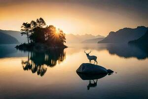 ein Hirsch steht auf ein Felsen im das Mitte von ein See beim Sonnenuntergang. KI-generiert foto