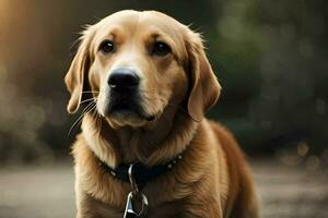 ein Hund ist Sitzung auf das Boden mit ein Leine. KI-generiert foto