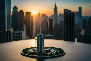 ein Miniatur Stadt mit ein Wolkenkratzer im das Mitte. KI-generiert foto