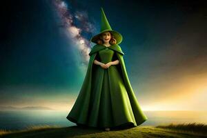 das Hexe ist Stehen auf ein Hügel mit ein Grün Mantel. KI-generiert foto