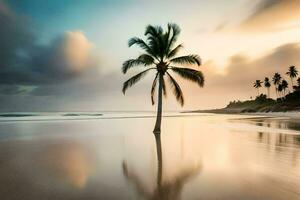 ein einsam Palme Baum steht auf das Strand beim Sonnenuntergang. KI-generiert foto