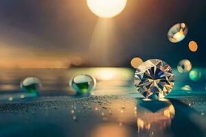 ein Diamant ist gezeigt auf das Strand mit Wasser Tröpfchen. KI-generiert foto