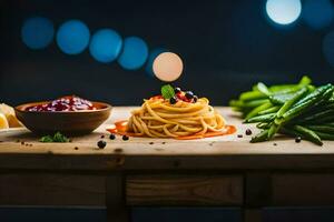 Spaghetti, Grün Bohnen und Tomaten auf ein hölzern Tisch. KI-generiert foto