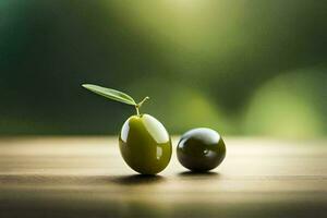 zwei Grün Oliven auf ein hölzern Tisch. KI-generiert foto