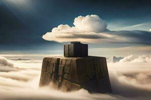 ein Gebäude ist Sitzung auf oben von ein Berg. KI-generiert foto