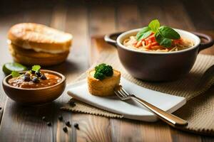 ein Tabelle mit Essen und ein Tasse von Suppe. KI-generiert foto