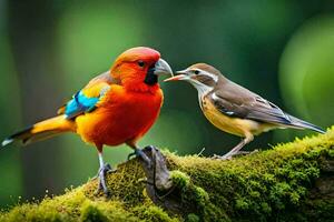 zwei bunt Vögel Stehen auf ein moosig Ast. KI-generiert foto