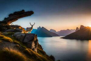 das Sonne steigt an Über das Berge und das Hirsch steht auf das Kante von das Cliff. KI-generiert foto