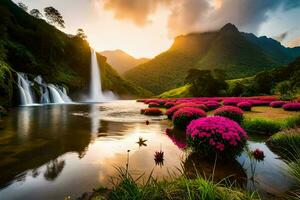 schön Wasserfall im das Berge mit Rosa Blumen. KI-generiert foto