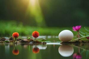 Foto Hintergrund das Himmel, Blumen, Wasser, Gras, das Sonne, das Mond, das Blumen. KI-generiert